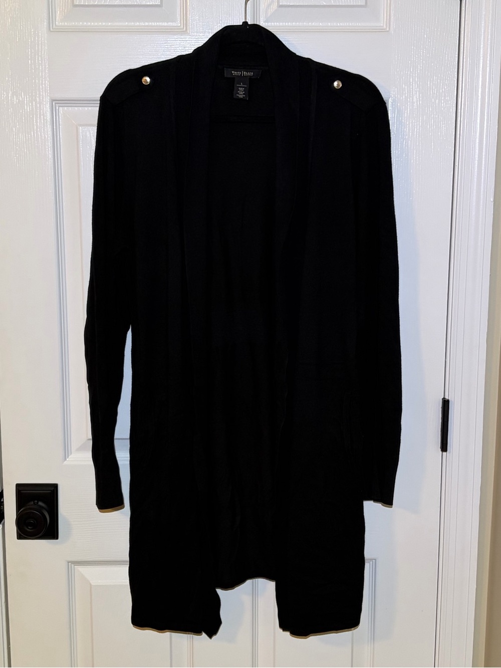 WHBM Black Open-Front Cardigan with Goldtone Shoulder Buttons & Pockets. Large